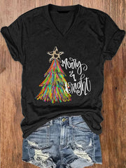 Christmas Tree Merry And Bright Print V-Neck T-Shirt