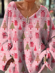 Petite Christmas Tree Pattern Printed Casual Pullover Sweater