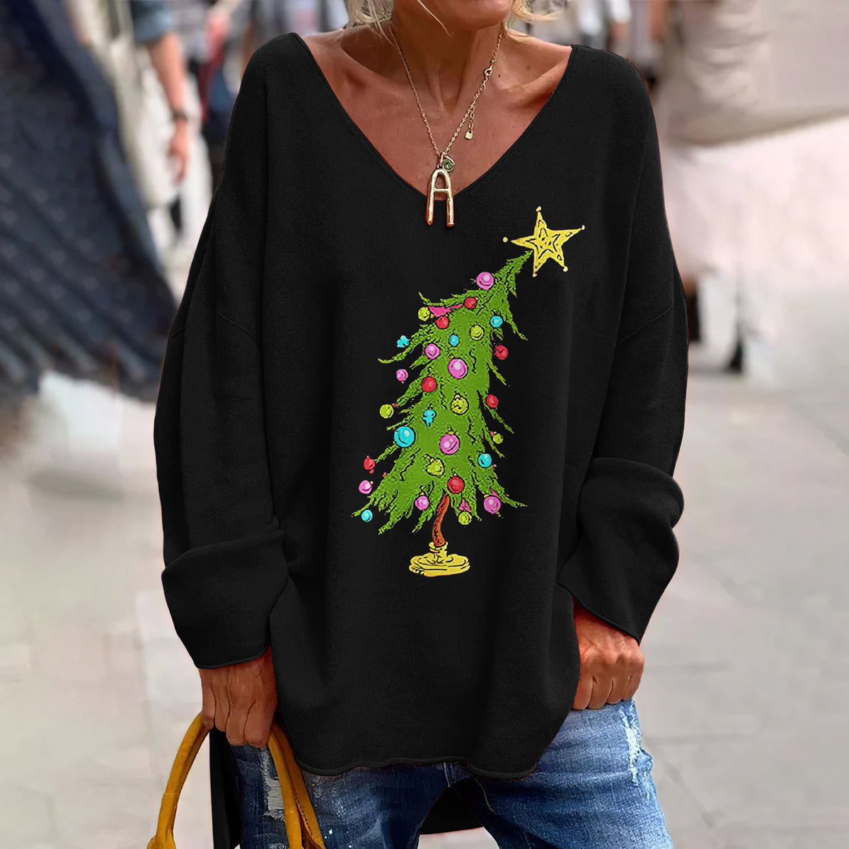Christmas Tree Print V-Neck Long Sleeved Loose T-Shirt