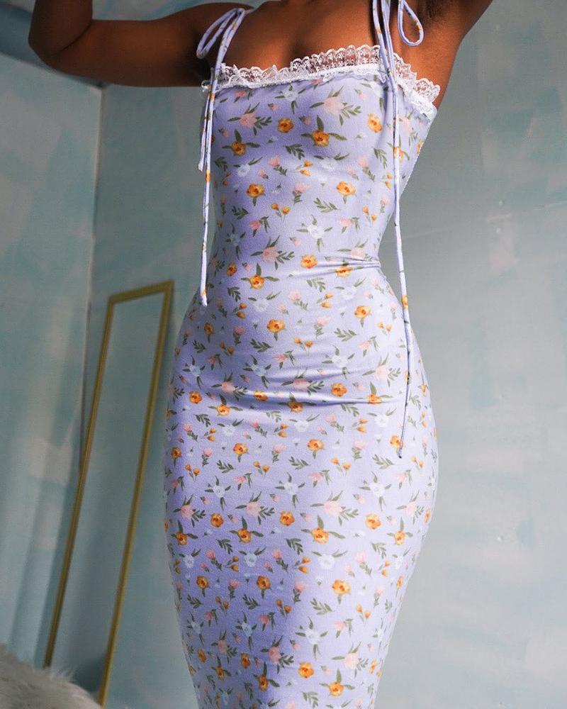 Floral Print Tied Detail Lace Trim Dress