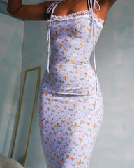 Floral Print Tied Detail Lace Trim Dress