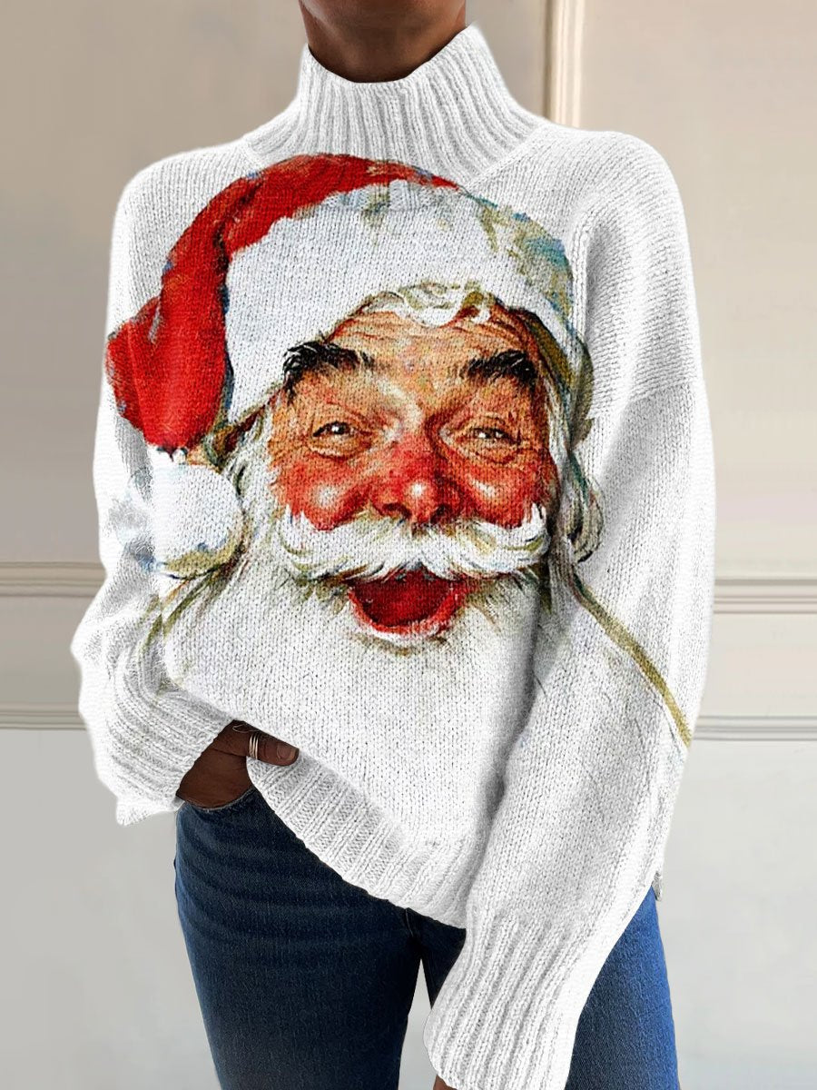 Vintage Christmas Santa Art Print Knit Turtleneck Pullover Sweater