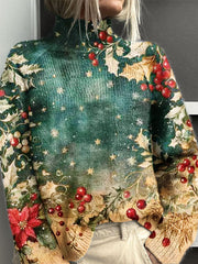 Vintage Christmas Print Knit Turtleneck Pullover Sweater
