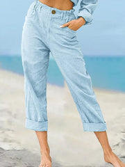 Solid Color Fashion Loose High Waist Casual Cotton Linen Trousers