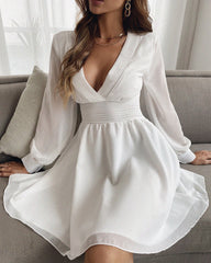 Plain Deep V Neck Long Sleeve Dress