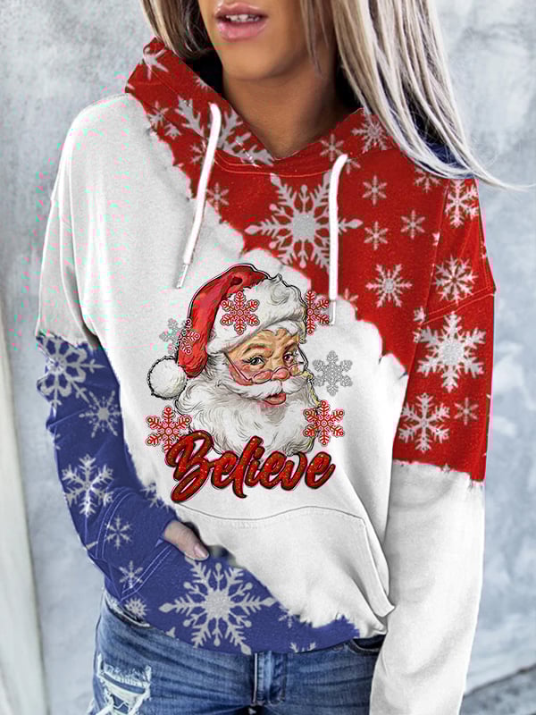 Believe Santa Claus Christmas Snowflake Print Casual Hoodie