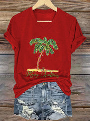 Retro Palm Tree Merry Chrismas Print T-Shirt