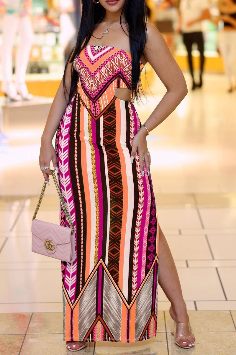 Geo Print Cut Out Split Side Maxi Dress