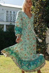 Lounging Bohemian Print Button Front V Neck Maxi Dress