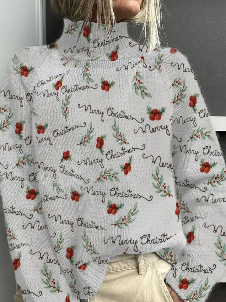 Literary Merry Christmas Floral Print Casual Turtleneck Top