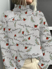 Literary Merry Christmas Floral Print Casual Turtleneck Top