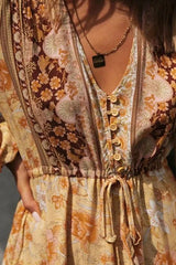 Flowy Bohemian Print Button Front V Neck Midi Dress