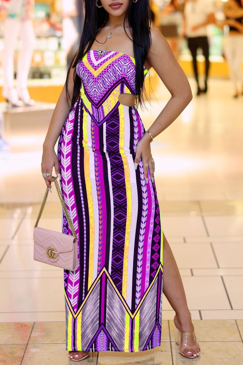 Geo Print Cut Out Split Side Maxi Dress