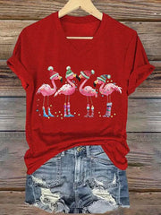 Lovely Christmas Flamingo Art Print V-neck Casual T-Shirt