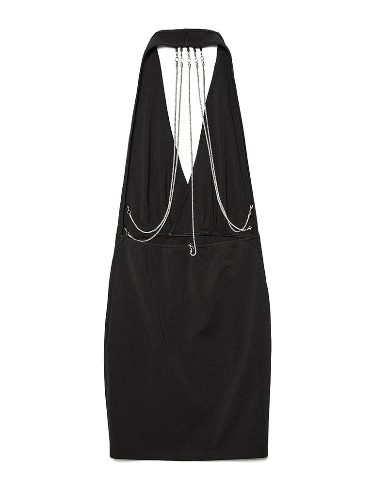 Chain Decor Backless Halter Mini Dress