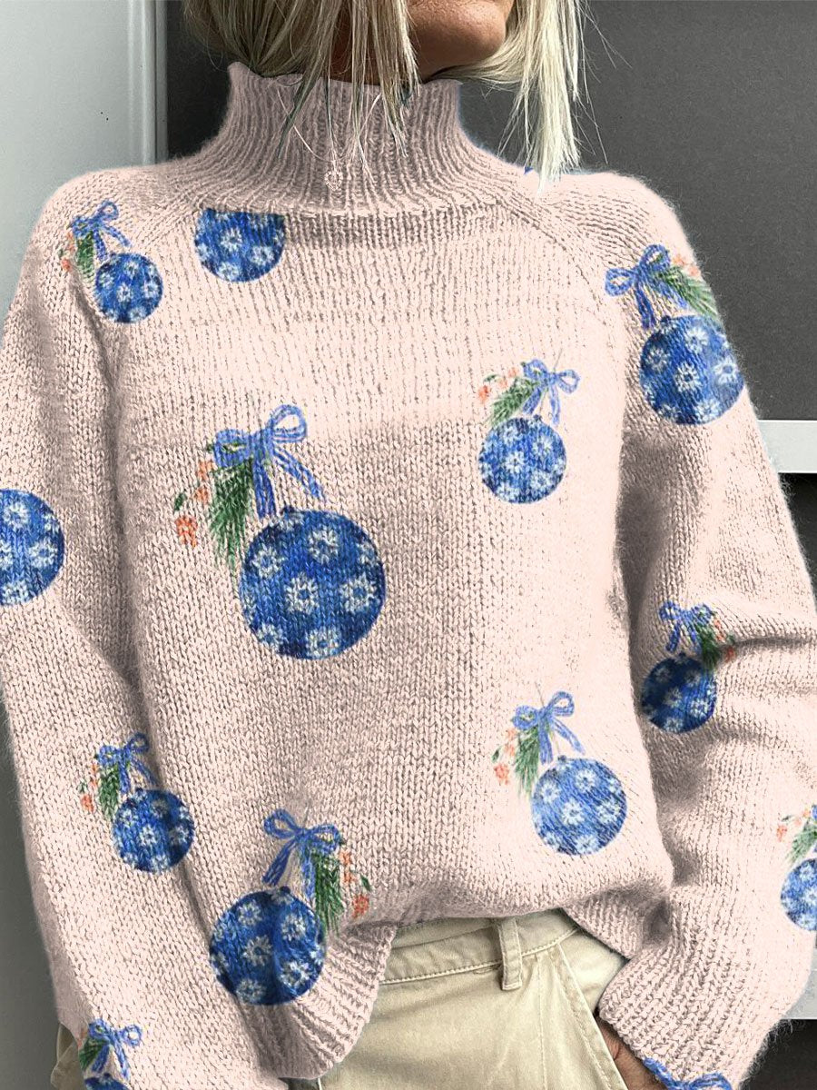 Blue Christmas Lights Christmas Print Knit Turtleneck Pullover Sweater