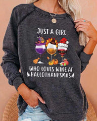 Just A Girl Who Loves Wine At Hallothanksmas Print Casual Sweatshirt