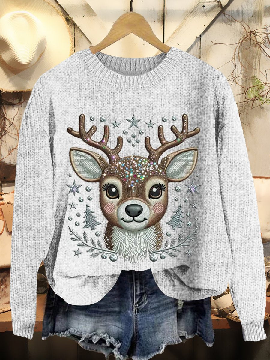 Christmas Elk Printed Crew Neck Casual Knit Pullover