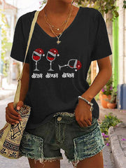 Funny Christmas Drink Drank Drunk Red Wine Glass Casual V-Neck Tee