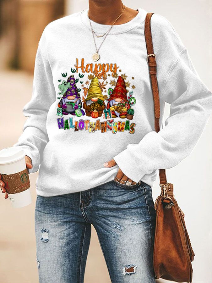 Happy Hallothanksmas Gnome Print Sweatshirt