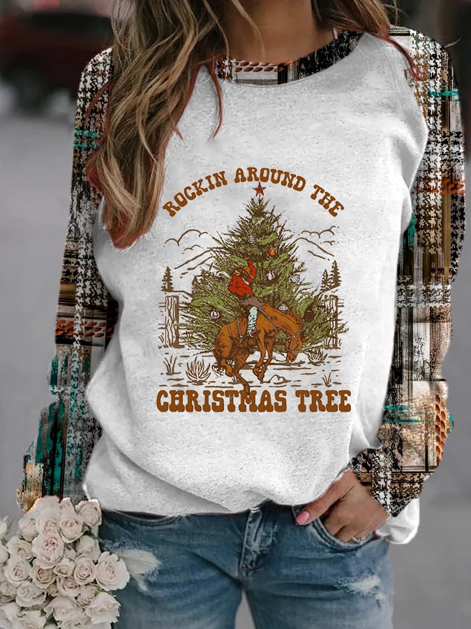 Western and Christmas Combine "ROCKIN AROUND THE CHRISTMAS TREE" Print Sweatshirt