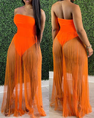 Off Shoulder Sleeveless Plain Sheer Mesh Dress