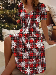 Christmas Plaid Snowflake V Neck Short Sleeve Dress