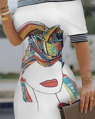 Figure Print Striped Tape Bodycon Dress