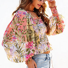 Floral Smocked Long Bubble Sleeve Top