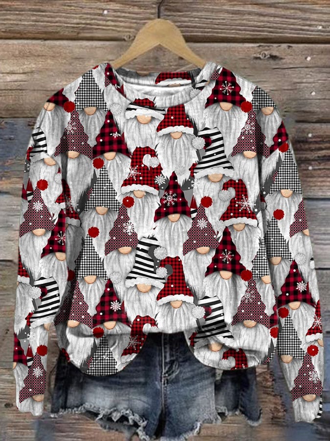 Christmas Gnomes Print Crew Neck Sweatshirt