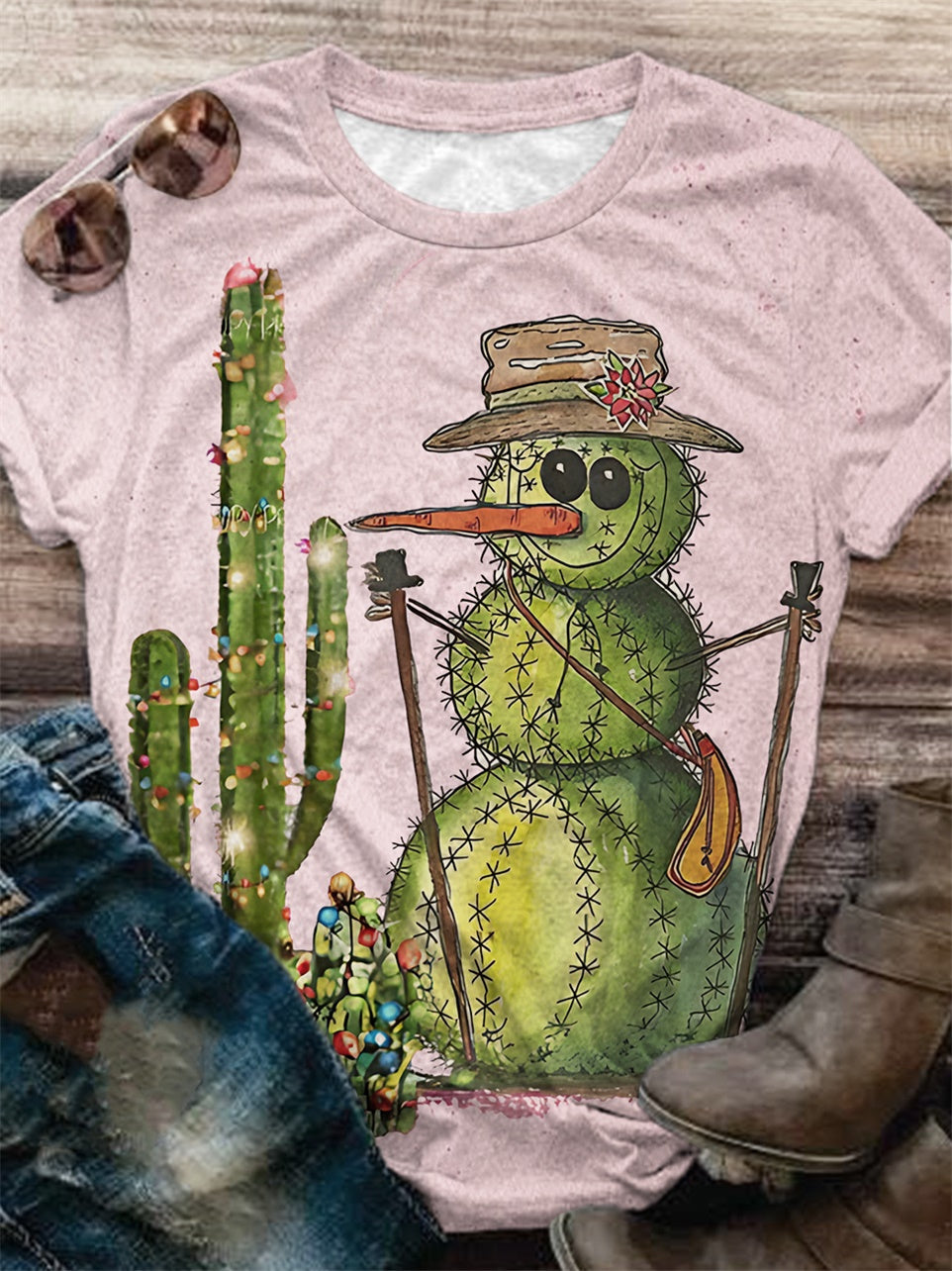 Cactus Snowman Print Crew Neck T-Shirt