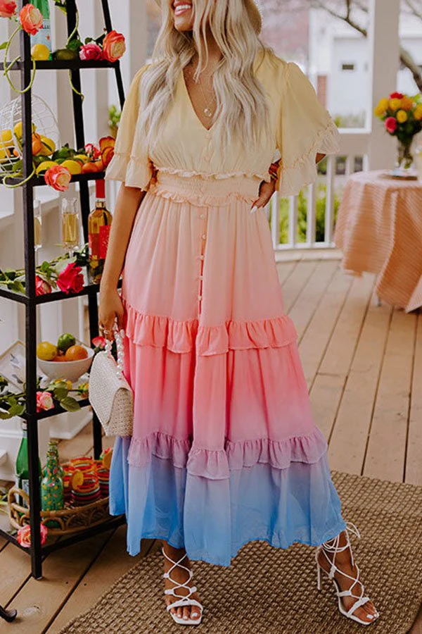 Ombre Sunset Ruffles Maxi Dress