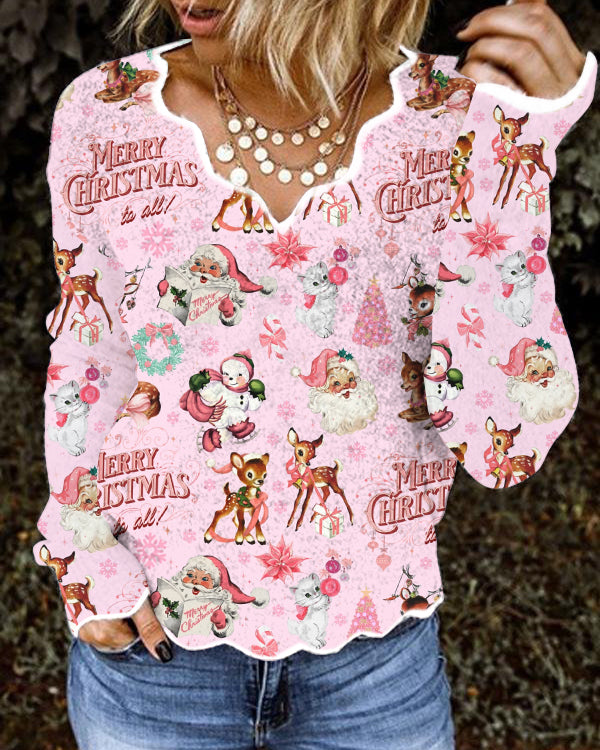 Retro Pink Christmas Print Wave Neck Top