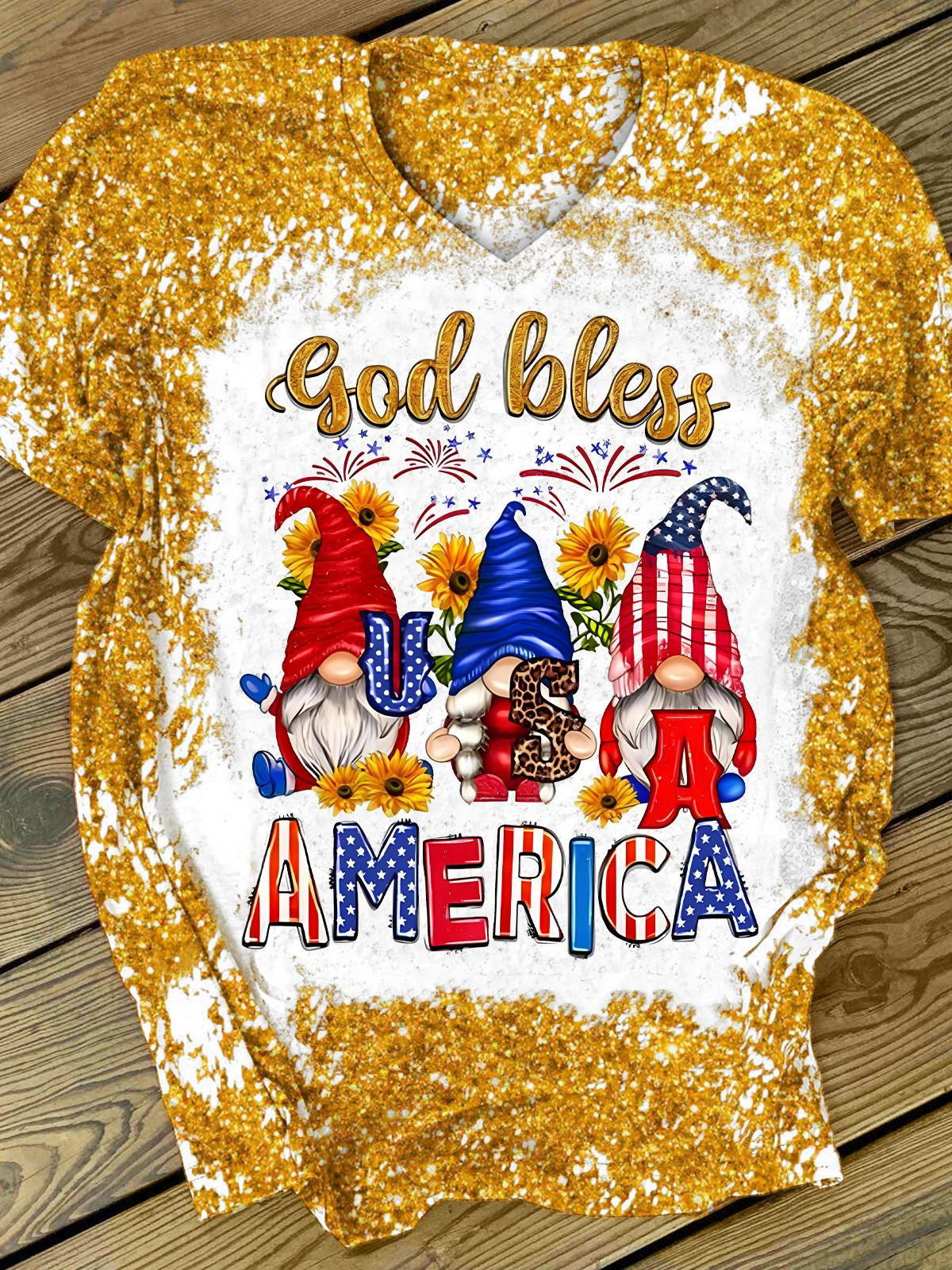 God Bless America Gnome Glitter Print V-Neck Short Sleeve T-Shirt