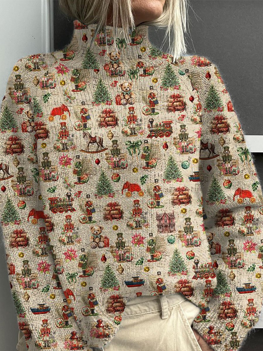 Retro Christmas Gifts Print Knit Turtleneck Pullover Sweater