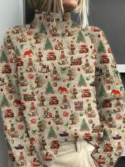 Retro Christmas Gifts Print Knit Turtleneck Pullover Sweater