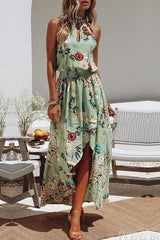 Fashion Round Neck Floral Print Green Dress