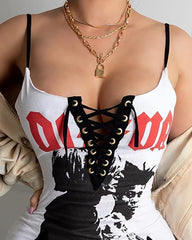 Eyelet Lace-up Letter Figure Print Dress