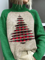 Vintage Christmas Tree Print Knit Turtleneck Pullover Sweater