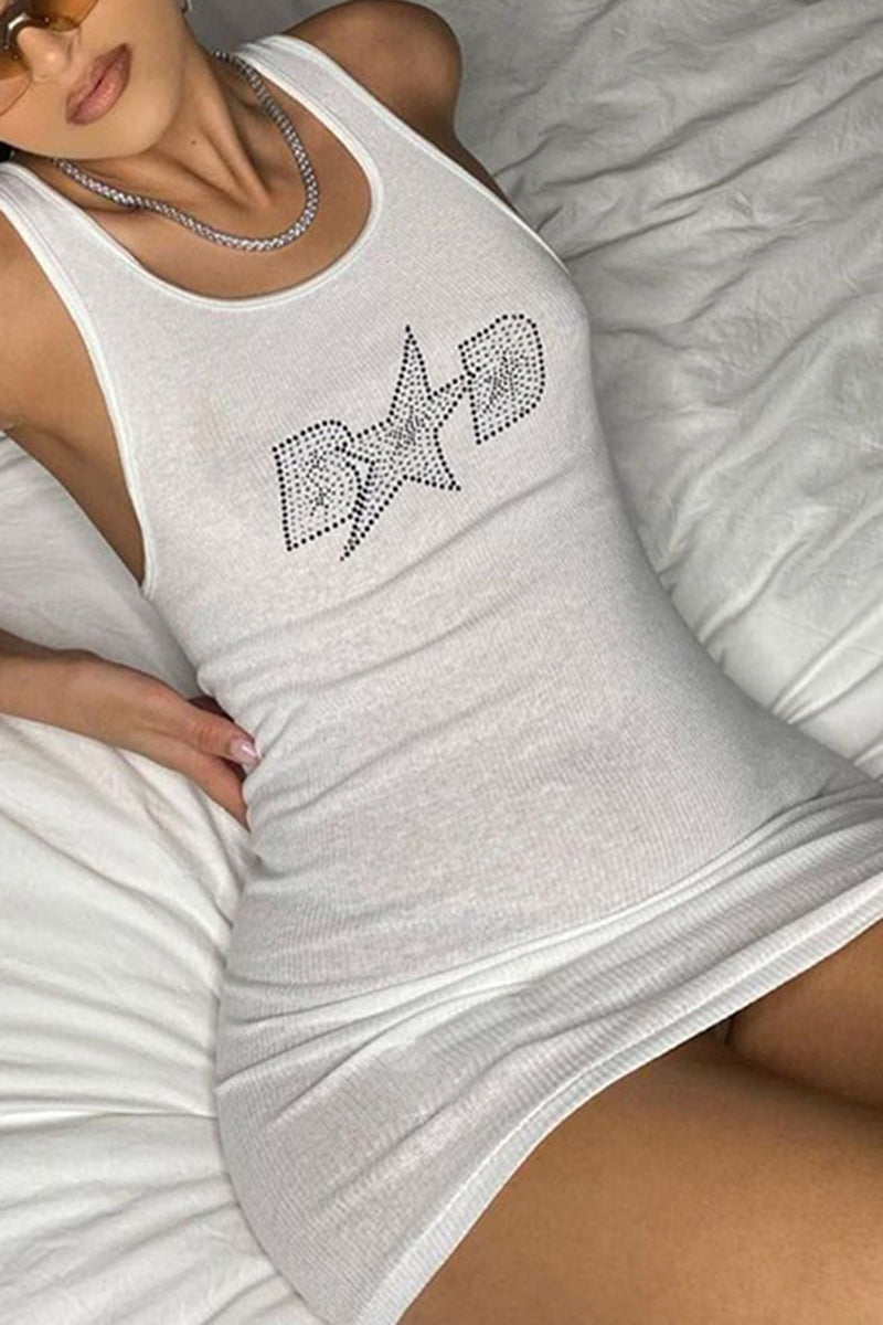 Rhinestone Graphic Ribbed Bodycon Tank Dress