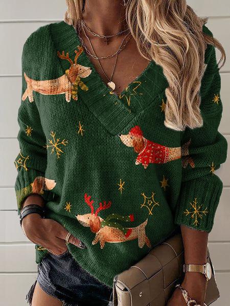 Christmas Dachshund Art Print Knit V-neck Pullover Sweater