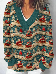 Christmas Vintage Santa On Sleigh Christmas Tree Printed Light Sweater