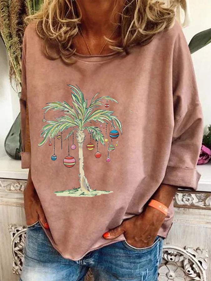 Casual Christmas Coconut Tree Print Top