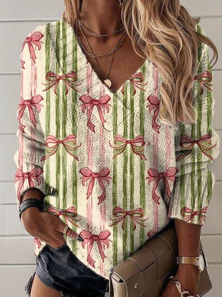 Vintage Christmas Print Knit V-neck Pullover Sweater