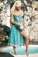 Boho Floral Patchwork Print Split Spaghetti Dress