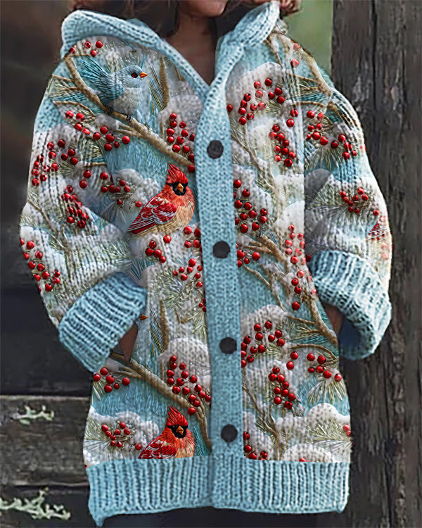 Vintage Christmas Bird Print Hooded Cardigan