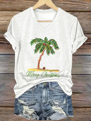 Retro Palm Tree Merry Chrismas Print T-Shirt