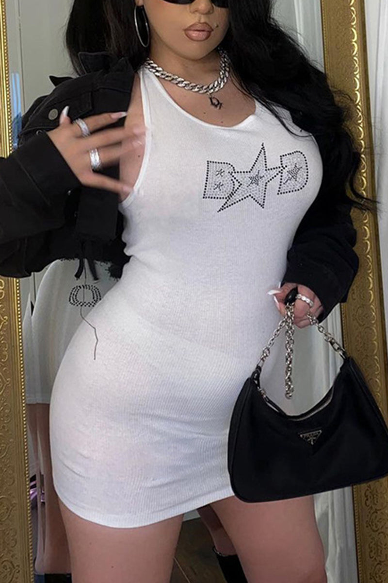 Rhinestone Graphic Ribbed Bodycon Tank Dress