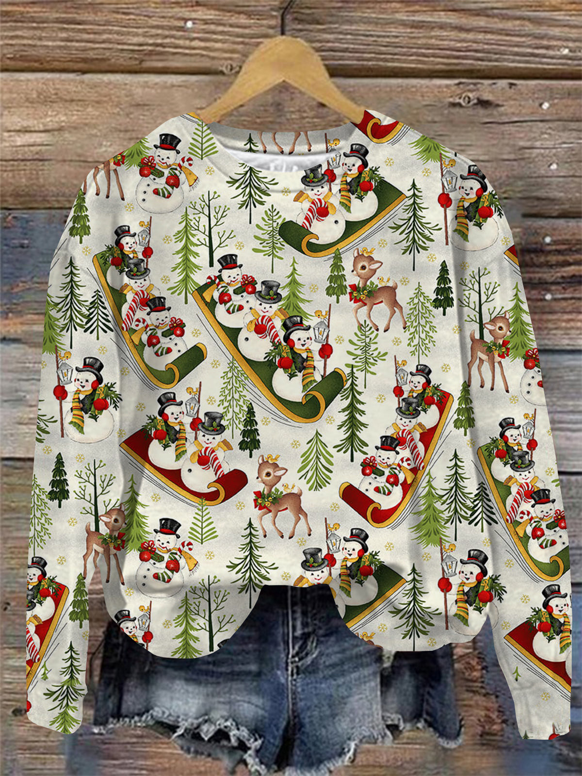 Christmas Snowman Deer Print Round Neck Long Sleeve Top