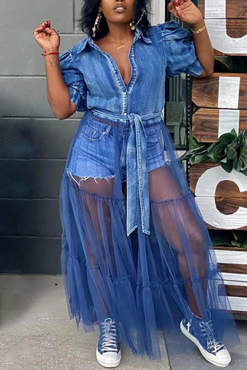 Contrast Mesh Belted Puff Sleeve Denim Dress